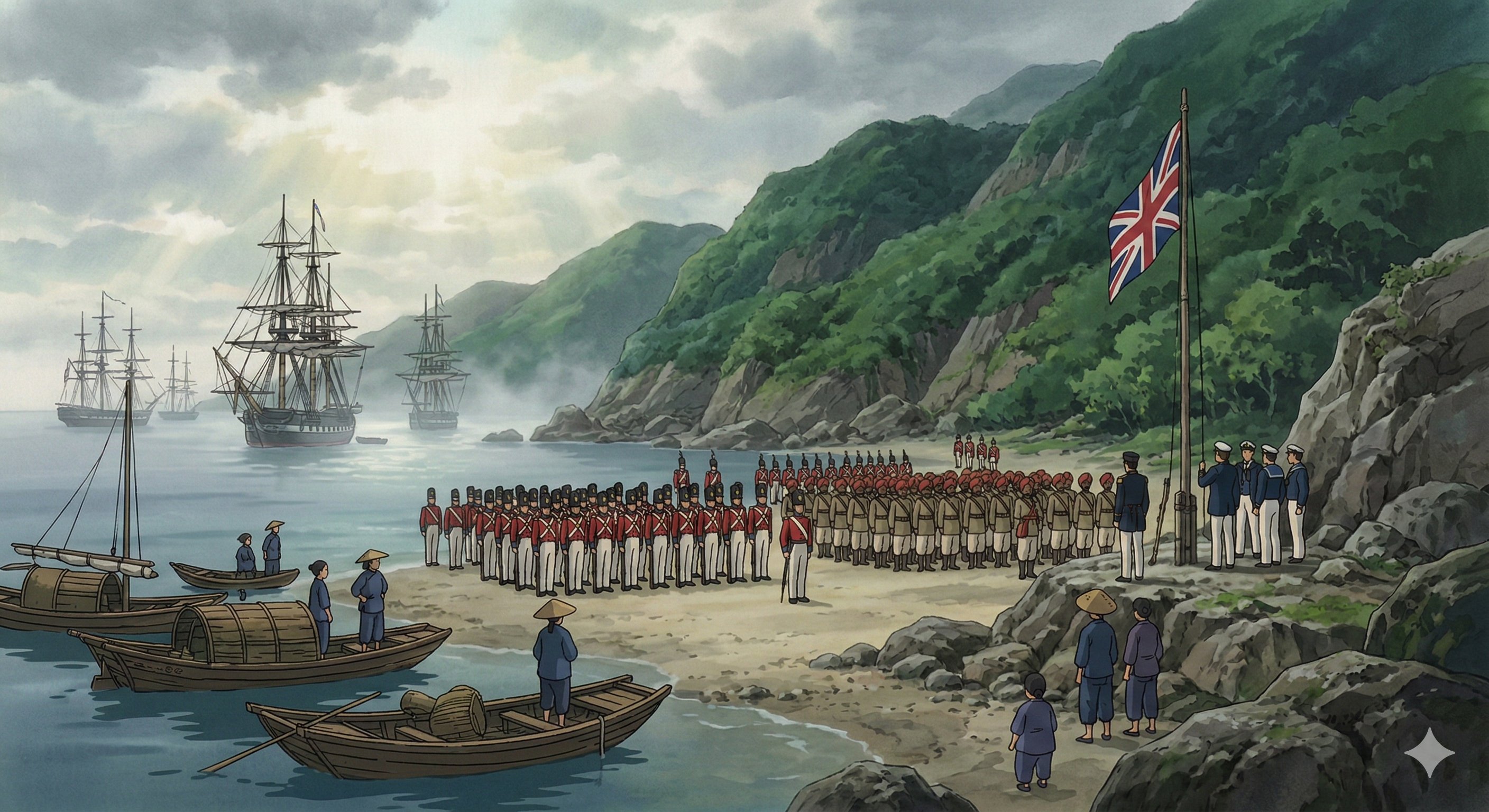 Ghibli-style illustration of the 1841 British flag raising at Possession Point, Hong Kong