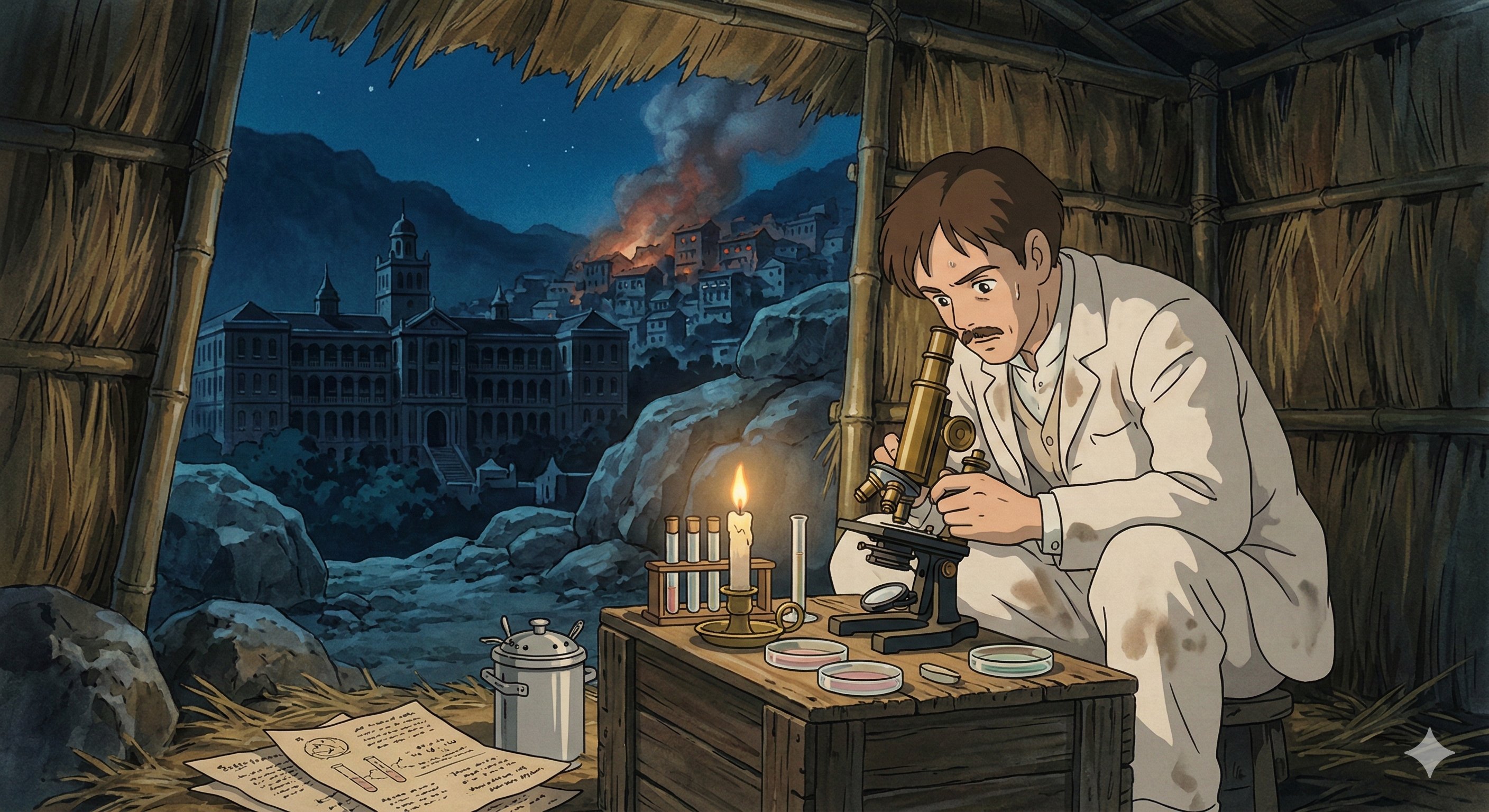 Ghibli-style illustration of Alexandre Yersin working by candlelight in a straw hut during the 1894 Hong Kong plague