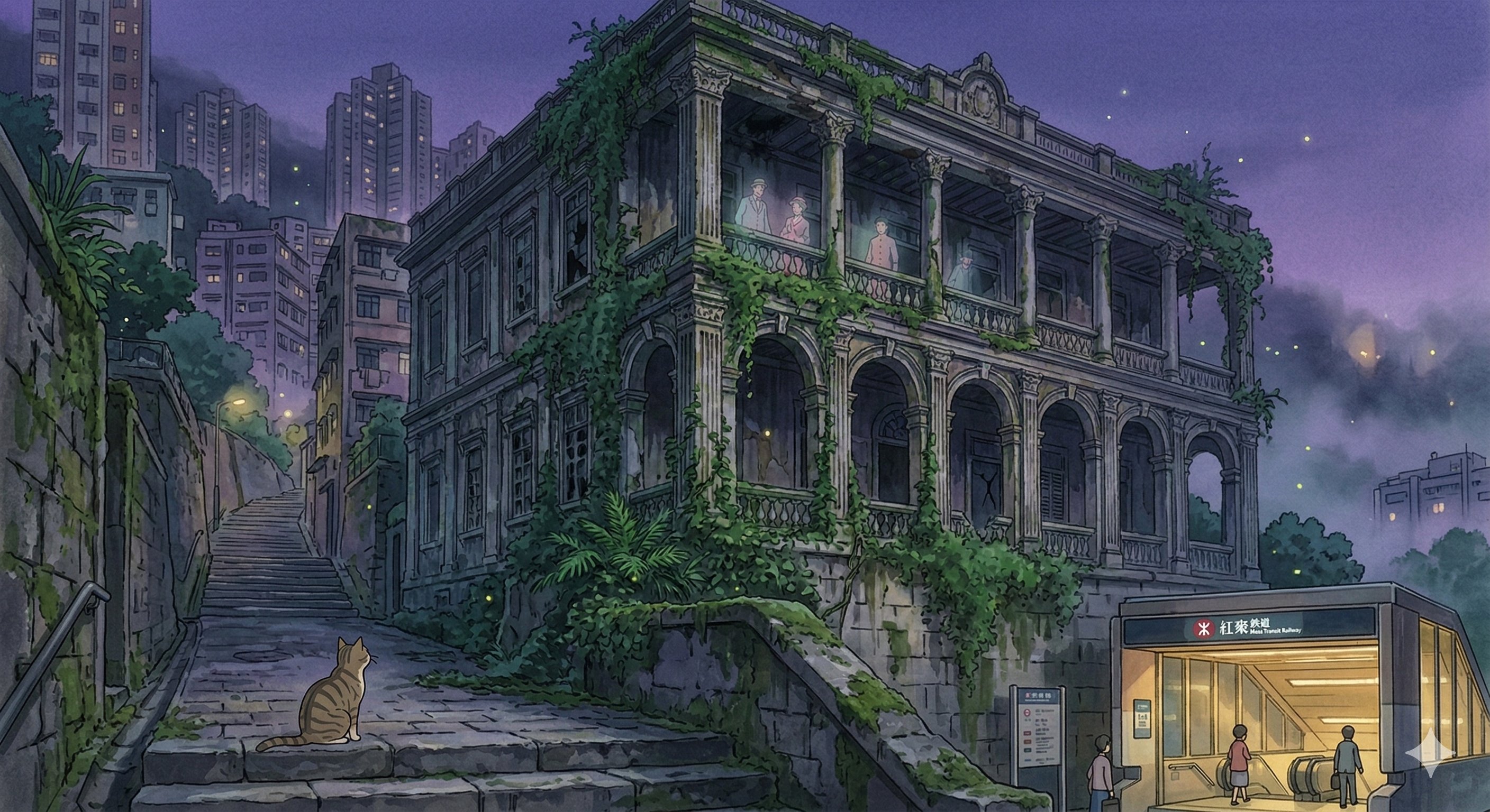 Ghibli-style illustration of the abandoned High Street Ghost House with an MTR station below in Sai Ying Pun